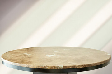 Wall Mural - Round marble table top with abstract shadow drop on white wall background for mockup product display