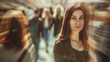 © VK Studio - A young woman stands still amidst a blur of moving crowd, emphasizing presence and individuality against the backdrop of urban hustle and bustle.