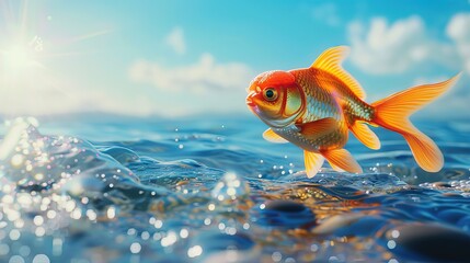 Close-up Goldfish standing in the water bright day The sun is shining realistic minimalism