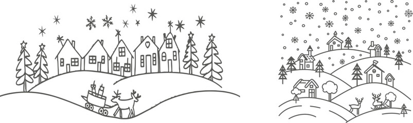 Poster - An illustration of a Christmas landscape. Santa in his sleigh with deers, trees, snowdrifts, and a snowman in his sleigh.