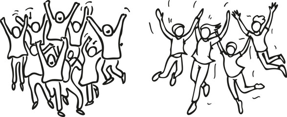 This is a one line drawing of a group of people jumping together. This is a modern illustration simplicity conceptual metaphor design.