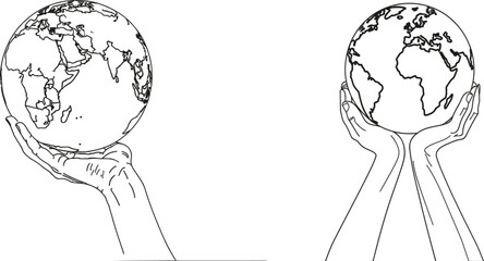 Sticker - One line drawing of a hand holding an earth globe. A symbol of care for the world.