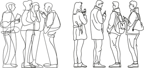 Poster - People holding smartphones, making online stories, streaming in social networks. A continuous one-line drawing shows people standing with phones in their hands.