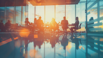 Wall Mural - Group of business people silhouettes in modern office building and business network concept. Human resources