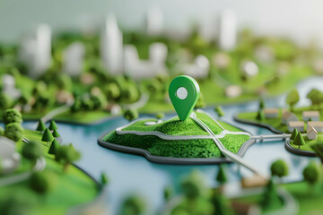 A green pin icon illustrated against a backdrop of a sustainable cityscape, highlighting eco-friendly architecture