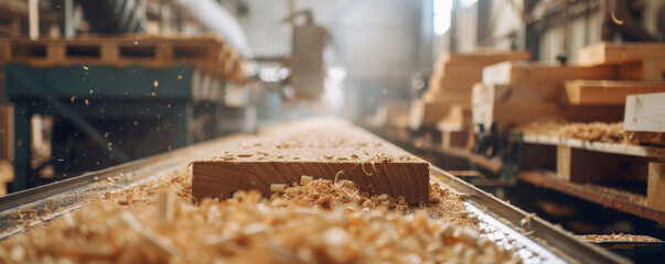 a conveyor belt in a woodworking shop, with wooden planks being cut, sanded, and assembled into furn