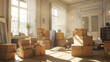 © VK Studio - Sunlit room filled with packed boxes, highlighting the transition of moving in or out, with sunlight streaming through large windows.