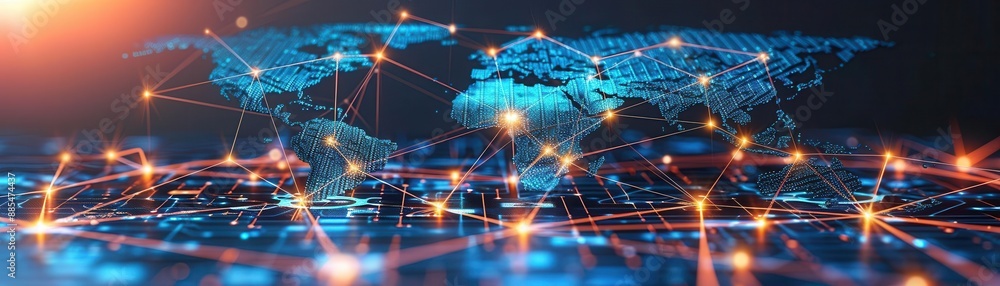 World map with satellite communication lines connecting different ...