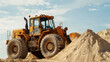 © VK Studio - A robust orange bulldozer in action, piling sand on a bright day under a blue sky, showcasing heavy construction machinery at work.