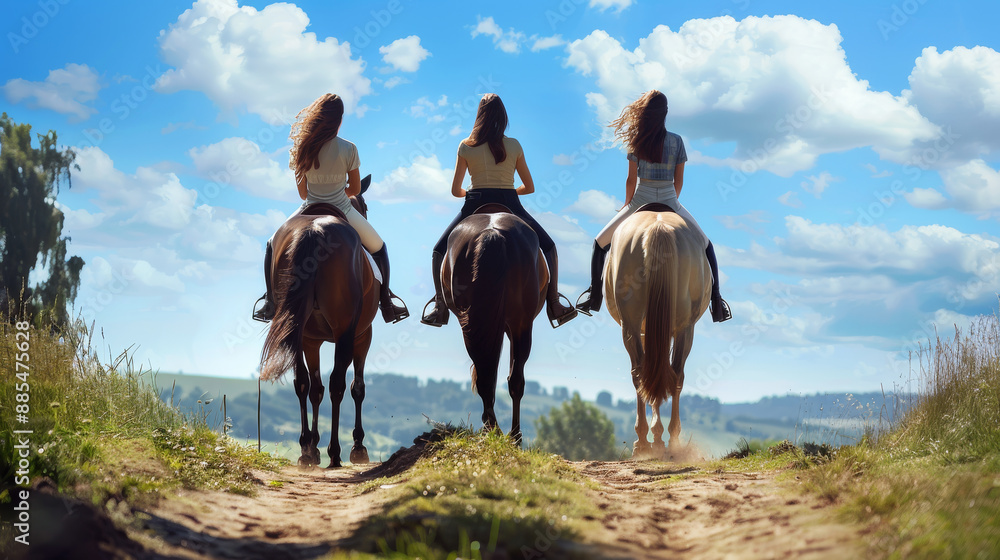 Three women on horseback ride along a scenic trail under a clear blue ...
