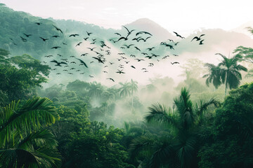 Wall Mural - lush tropical jungle with many tropical birds in the sky. copy space