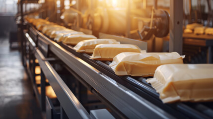 Packaged goods move along a conveyor belt in a factory setting, showcasing industrial efficiency and automation in action.