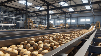 Wall Mural - An industrial facility featuring rows of potatoes being conveyed through a processing line, highlighting efficiency and large-scale food production.