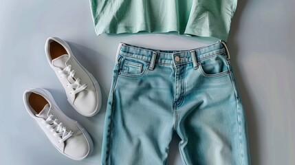 Wall Mural - Visualize a mint green crew neck t-shirt paired with simple blue jeans, arranged neatly on a white surface. 