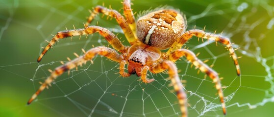 Closeup of an orange spider on its web with a green background. Arachnid macro photography showcasing intricate web details.