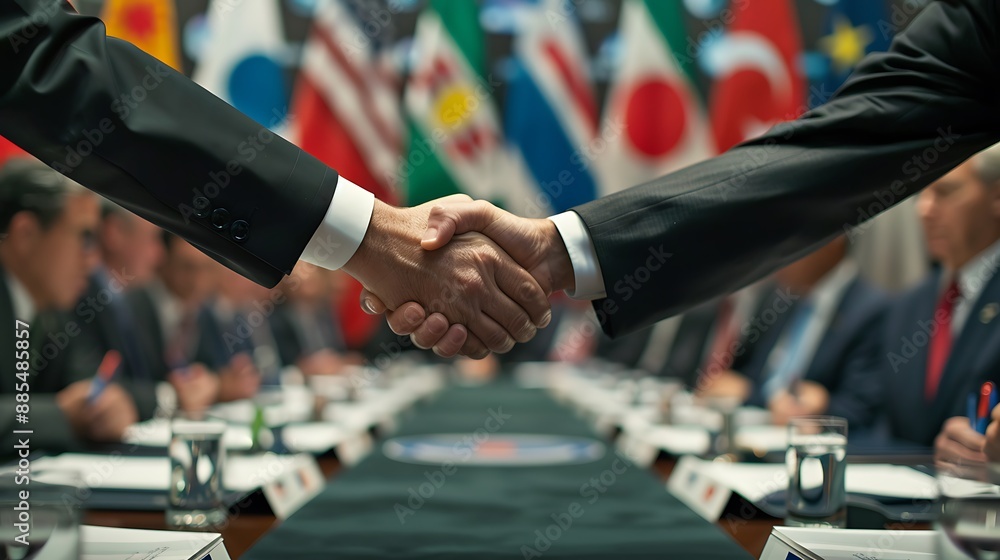 A handshake between two politicians at a signing ceremony, with a large ...