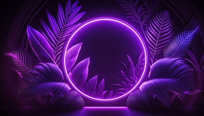 Purple circle Neon shape With jungle floral Tropical. Isolated on black Background 