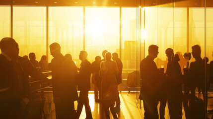 Sticker - Silhouetted businesspeople interact in an office with floor-to-ceiling windows, warmly lit by the setting sun, suggesting productivity and collaboration.