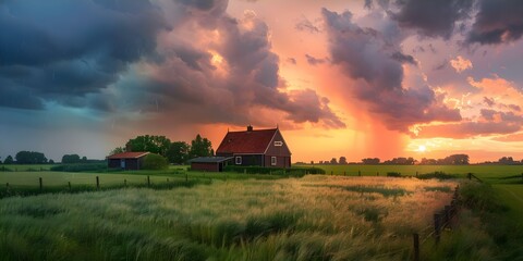 Wall Mural - Dramatic Sunset Over a Picturesque Dutch Countryside Farm. Concept Sunset Photography, Dutch Countryside, Farm Life, Dramatic Landscapes, Rural Scenes