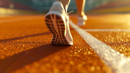 An athlete's shoe hitting the track, close-up, showcasing determination and the texture of the reddish-brown running surface.