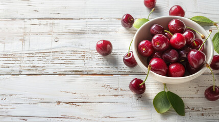 Poster - A bright, summery scene featuring a bowl of fresh cherries on a rustic white wooden table, capturing the essence of seasonal fruit.