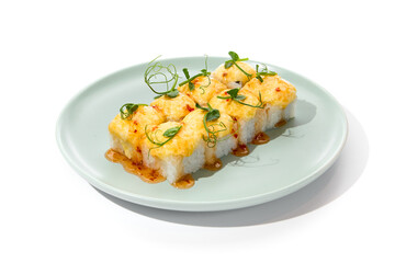 Canvas Print - Baked Cheese Roll with Sweet Chili Sauce on Ceramic Plate Isolated on White Background