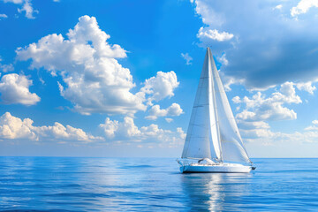 Poster - Sailing yacht on the sea with a blue sky and white clouds. The sailboat is sailing in calm waters, enjoying the natural landscape of the open ocean.