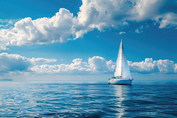 Poster - Sailing yacht on the sea with a blue sky and white clouds. The sailboat is sailing in calm waters, enjoying the natural landscape of the open ocean.