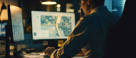 Wall Mural - a person works late into the night at a desk with two monitors displaying maps and data, immersed in