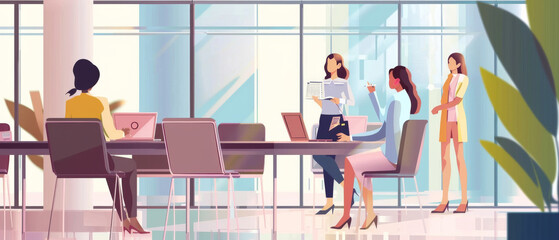 Wall Mural - a modern office setting with people engaged in discussion, working collaboratively with laptops and 