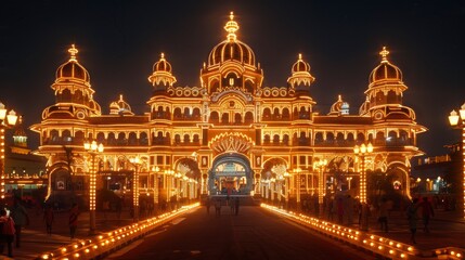 The grandeur of Mysore Palace illuminated at night, with its stunning architecture, thousands of lights, and the festive atmosphere during the annual Dussehra celebrations