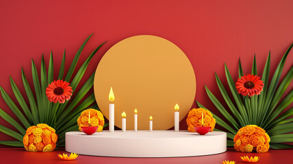 Canvas Print - 3D podium on a gradient background with Diwali theme decorated with diyas rangoli patterns and marigold flowers gold to maroon gradient 