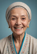 © jarntag - Portrait view of a regular happy smiling Kazakhstan old woman, ultra realistic, candid, social media, avatar image, plain solid background