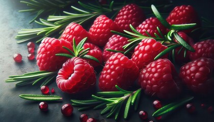 A bunch of raspberries and rosemary sprigs on a dark textured surface. The raspberries are vibrant red, and the rosemary sprigs are a bright green