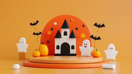 Wall Mural - 3D podium with Halloween trick or treat theme featuring candy ghost decorations and a haunted house orange and black colors 