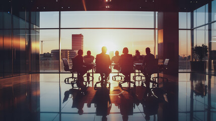 Wall Mural - Group of business people silhouettes in modern office building and business network concept. Human resources