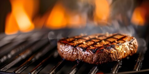 Poster - Eid ul Adhathemed grilled steak on stainless grill with flames in background. Concept BBQ Recipes, Eid ul Adha Celebration, Grilled Steak, Outdoor Cooking, Festive Meals