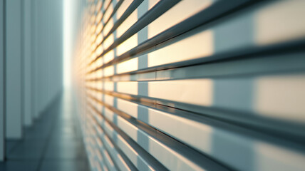 Canvas Print - Close up of a sleek wall with light highlighting vertical grooves modern architecture light gray tones 