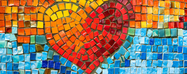 Wall Mural - Colorful mosaic showcasing a heart shape made of bright, vibrant tiles, forming a cheerful and positive design.