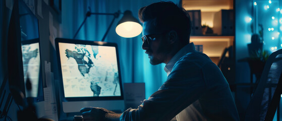 Wall Mural - a focused man works at a computer station in a dimly lit, cozy room, with a world map displayed on t
