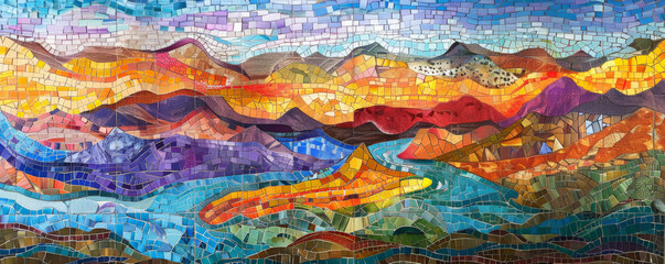 Wall Mural - Colorful mosaic featuring a landscape scene with mountains and rivers in bright colors, creating a lively and scenic pattern.