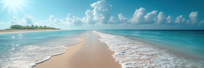 Wall Mural - Mockup, panoramic photo of the beautiful sea coast with sand on the island, summer photo of the sea and sky