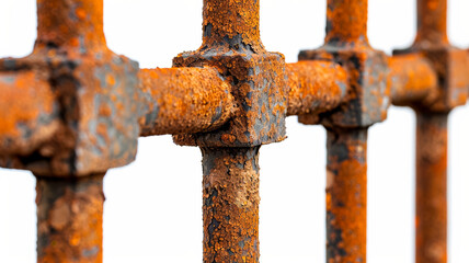 Corroded iron gate closeup with flaky rust and rich texture isolated on white background 