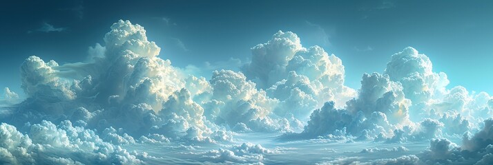 Wall Mural - Beautiful cumulus clouds, panoramic image of the sky and the sun, banner