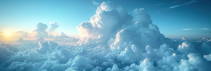 Wall Mural - Beautiful cumulus clouds, panoramic image of the sky and the sun, banner