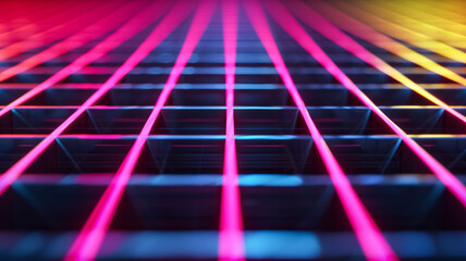 Sticker - Dark background with neon lines forming a grid pink and yellow spotlights highlighting intersections 