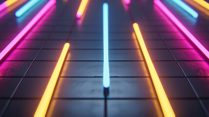 Sticker - Dark background with neon lines forming a grid pink and yellow spotlights highlighting intersections 