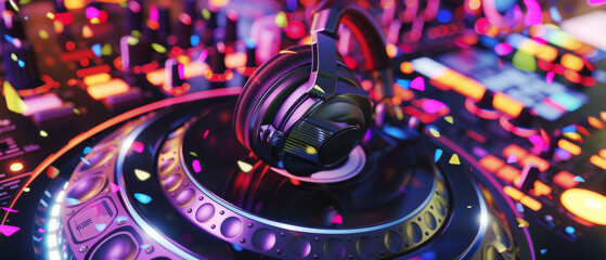 Wall Mural - Colorful DJ setup with headphones and turntables glowing under vivid lights, portraying an electrifying nightlife scene, ready for musical enchantment.