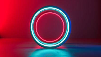 Sticker - Isolated neon lines forming concentric circles on a dark gradient background red and cyan spotlights illuminating the rings 