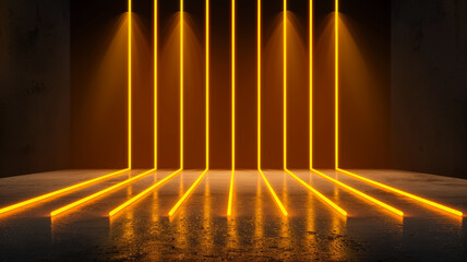 Wall Mural - Isolated neon lines on a dark gradient background with subtle yellow spotlights empty space for text 